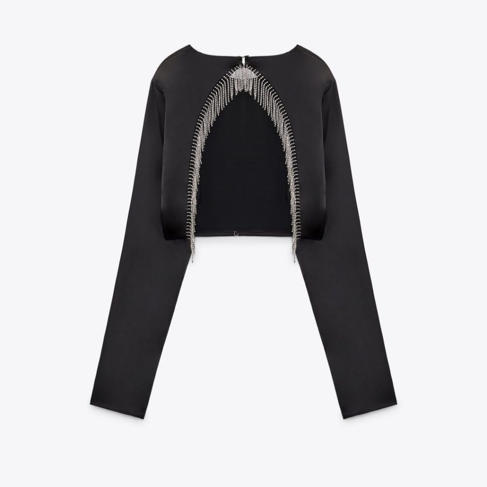 Zara * Rhinestone Fringe Satin Black Crop Blouse Top